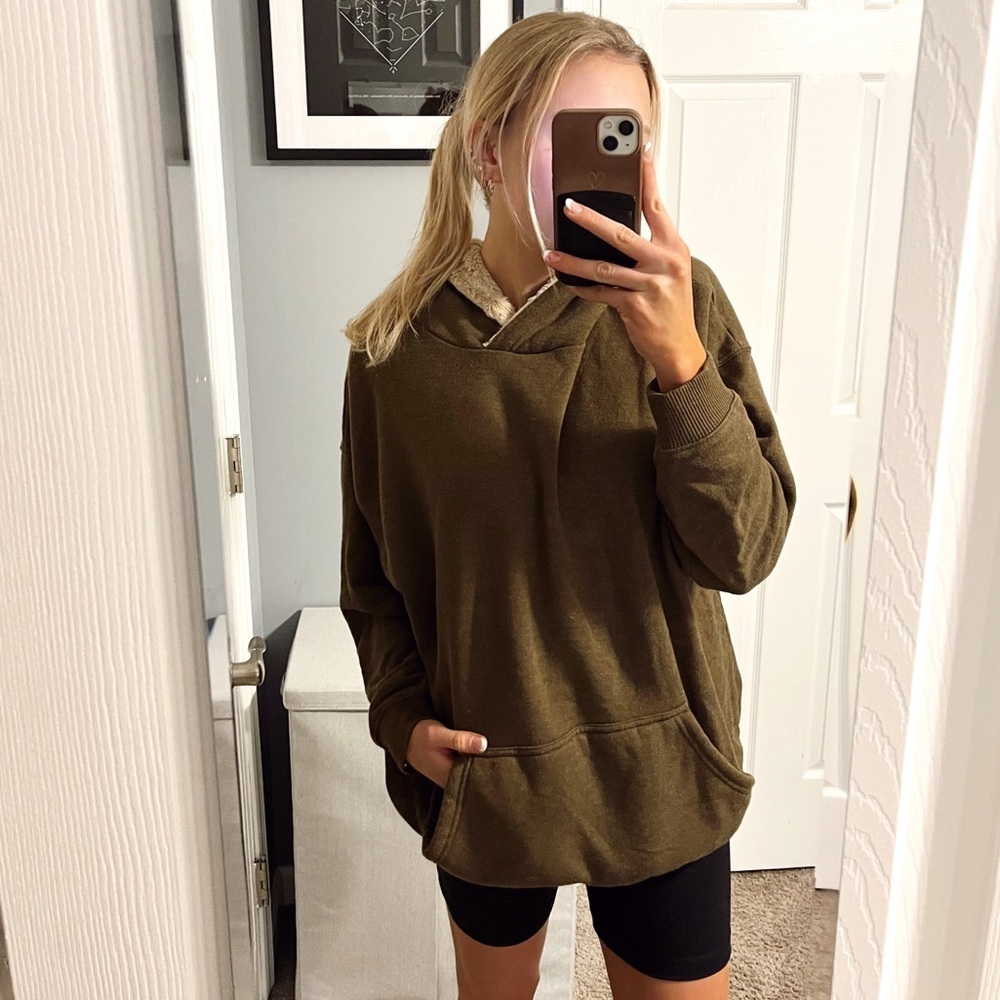 Aerie Olive Green Fuzzy Hoodie Sweatshirt